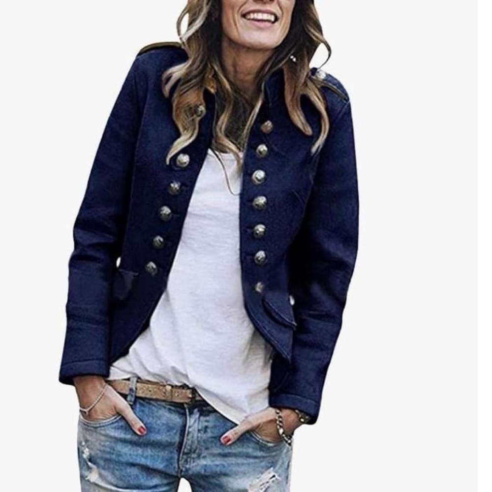 OSHOPLIVE Women's Vintage Look Military Style Button Open Front Blazer
